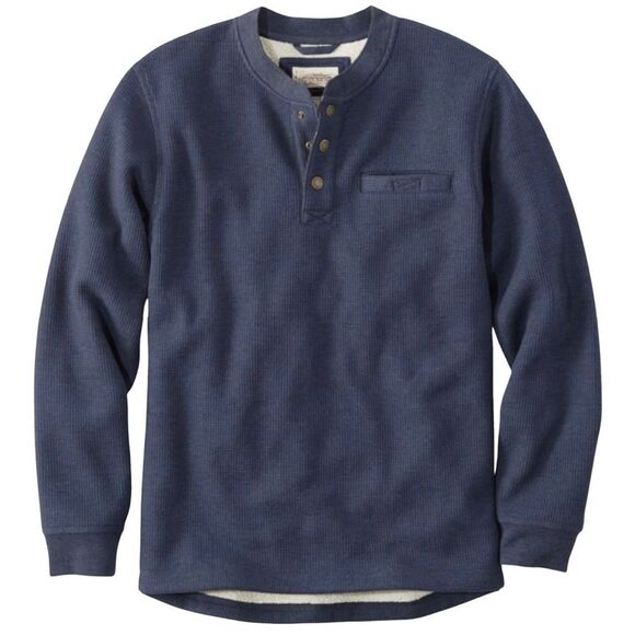 L.L.Bean Navy Katahdin Iron Works Bonded Waffled Fleece Henley Pullover Sweater - Picture 1 of 11